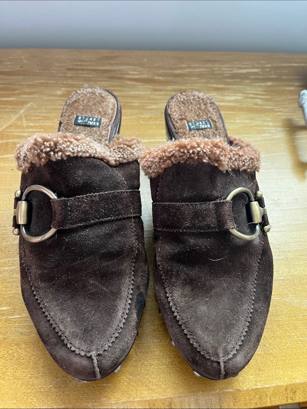 Stuart Weitzman Brown Suede Shearling-Trim Slip-On Mules with Buckle sz 10